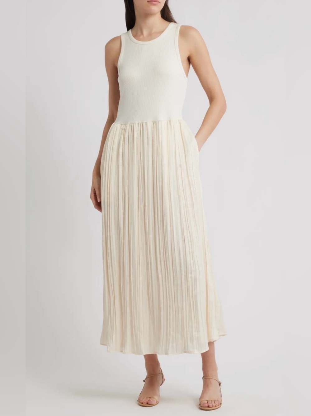 NWT DKNY Ivory Rib Knit Satin Feel Pleated Midi Dress Pockets Medium